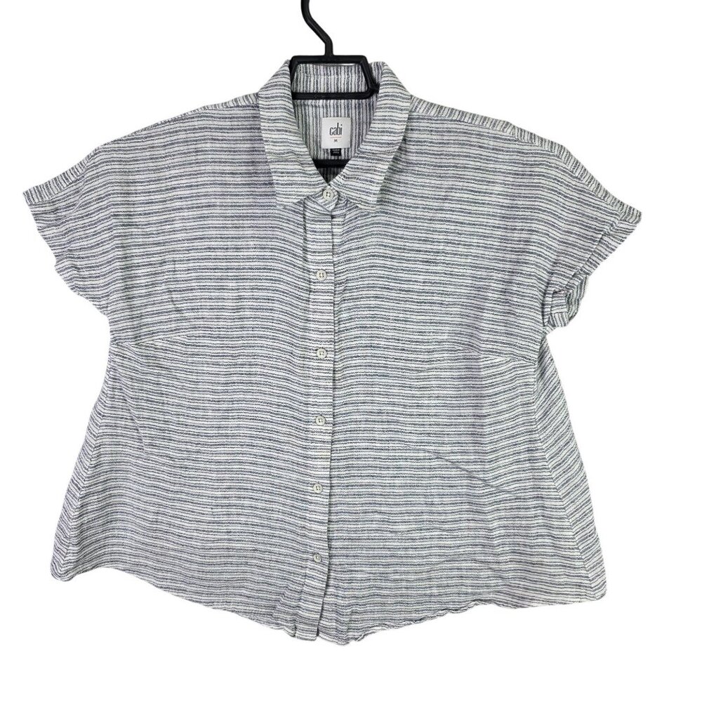 Womens Cabi White & Navy Striped Linen Blend Shirt Short Sleeve Button Up Size M